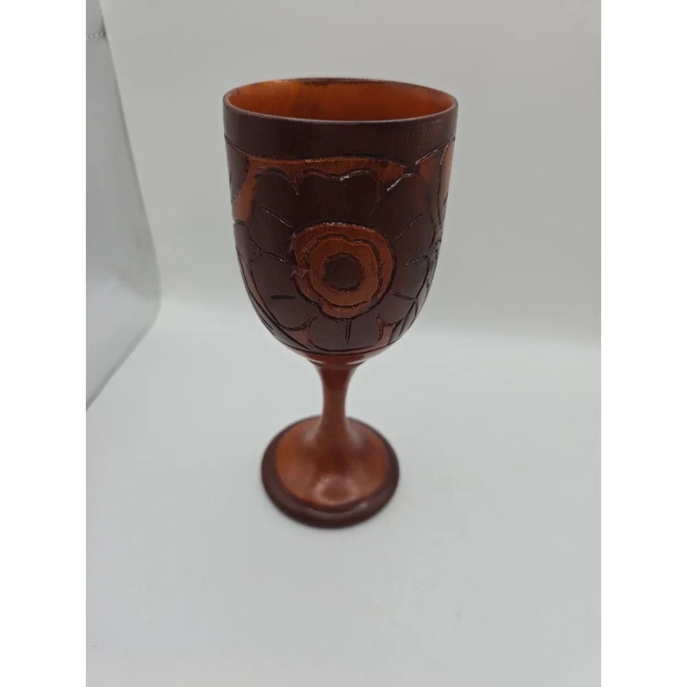 Decorative Hand Carved Design Unique Wooden Wood Wine Drink Cup Goblet 7 1/2